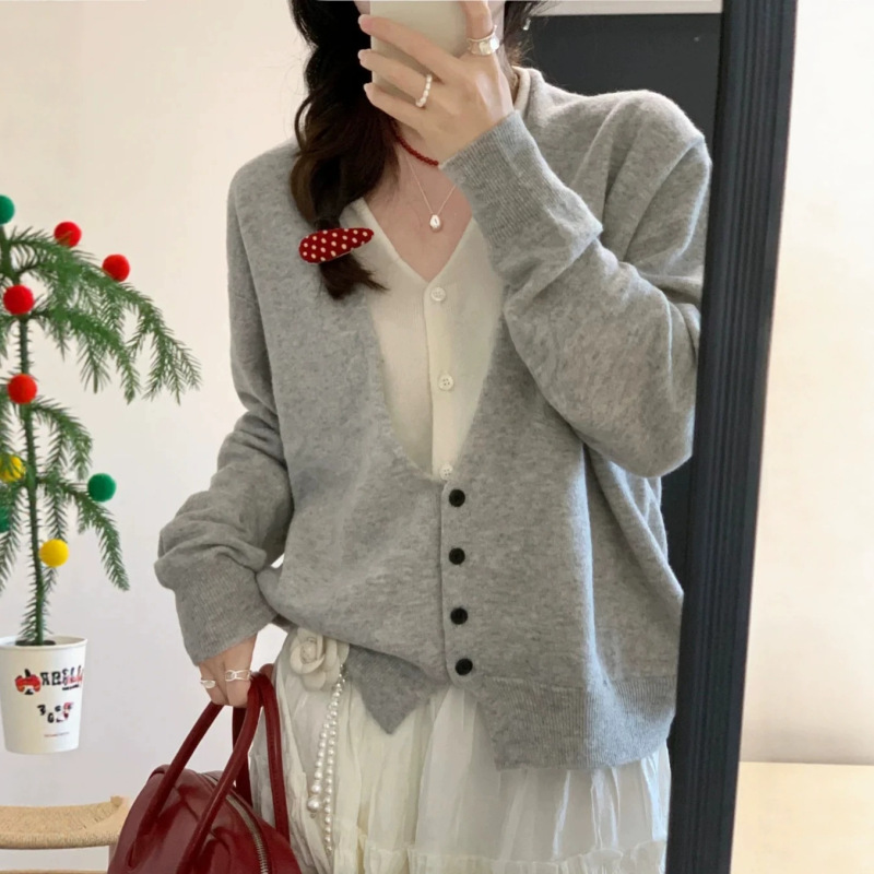 Stunning early autumn high-end style outfit: women's faux two-piece knitted cardigan, minimalist old money style sweater jacket top Stunning early autumn high-end style outfit: women's faux two-piece knitted cardigan, minimalist old money style sweater jacket top
