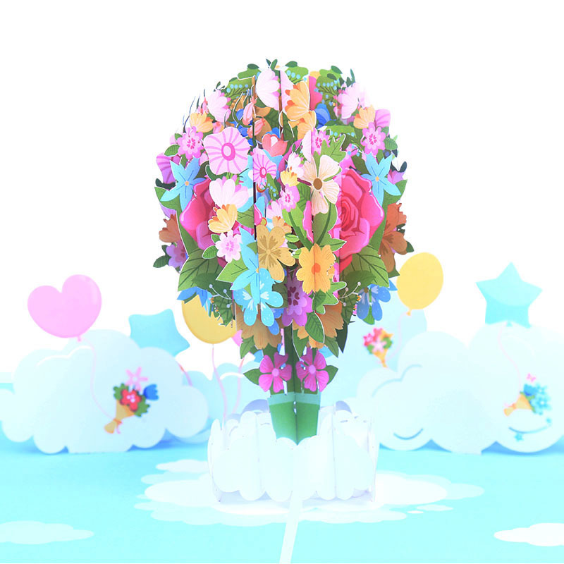 3D three-dimensional greeting card, color printed flowers, hot air balloon, birthday greeting card, creative 3D handmade paper carving, gratitude blessing message card