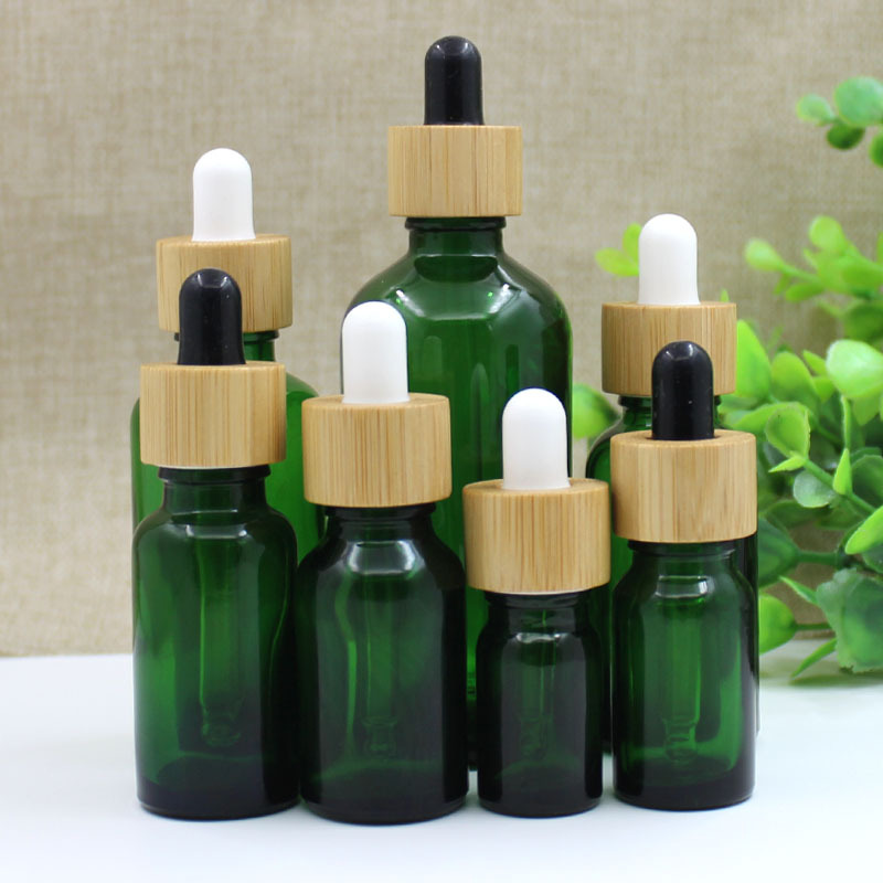 绿色精油瓶玻璃空瓶子5ml-100ml化妆品调配分装瓶竹圈胶头滴管瓶