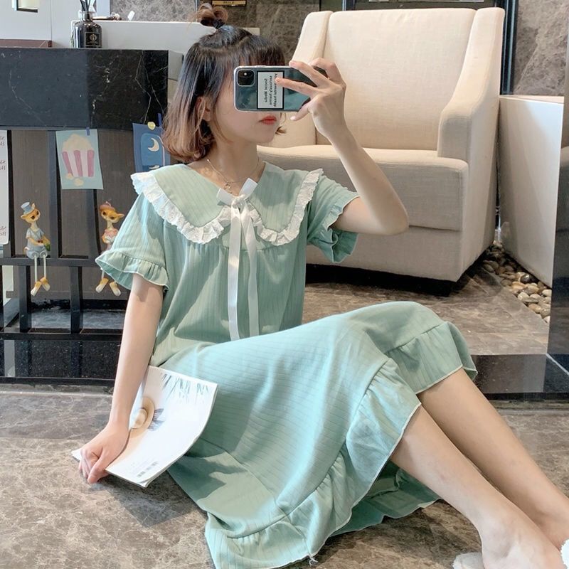 可爱日系甜美ins风长款睡裙女夏季短袖睡衣连衣裙家居服过膝长裙|undefined