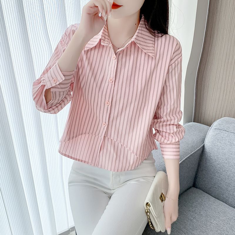 春秋の気質の小さいシャツ2025長袖の新型の婦人服のストライプのシャツのシフォンのシャツの短いタイプの小さい上着|undefined