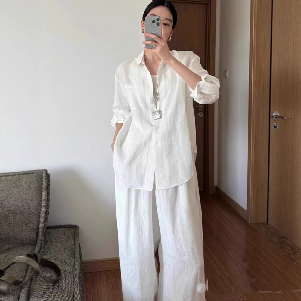 法式亚麻白色老钱风衬衫女早秋薄款正肩宽松休闲棉麻防晒衬衣外套