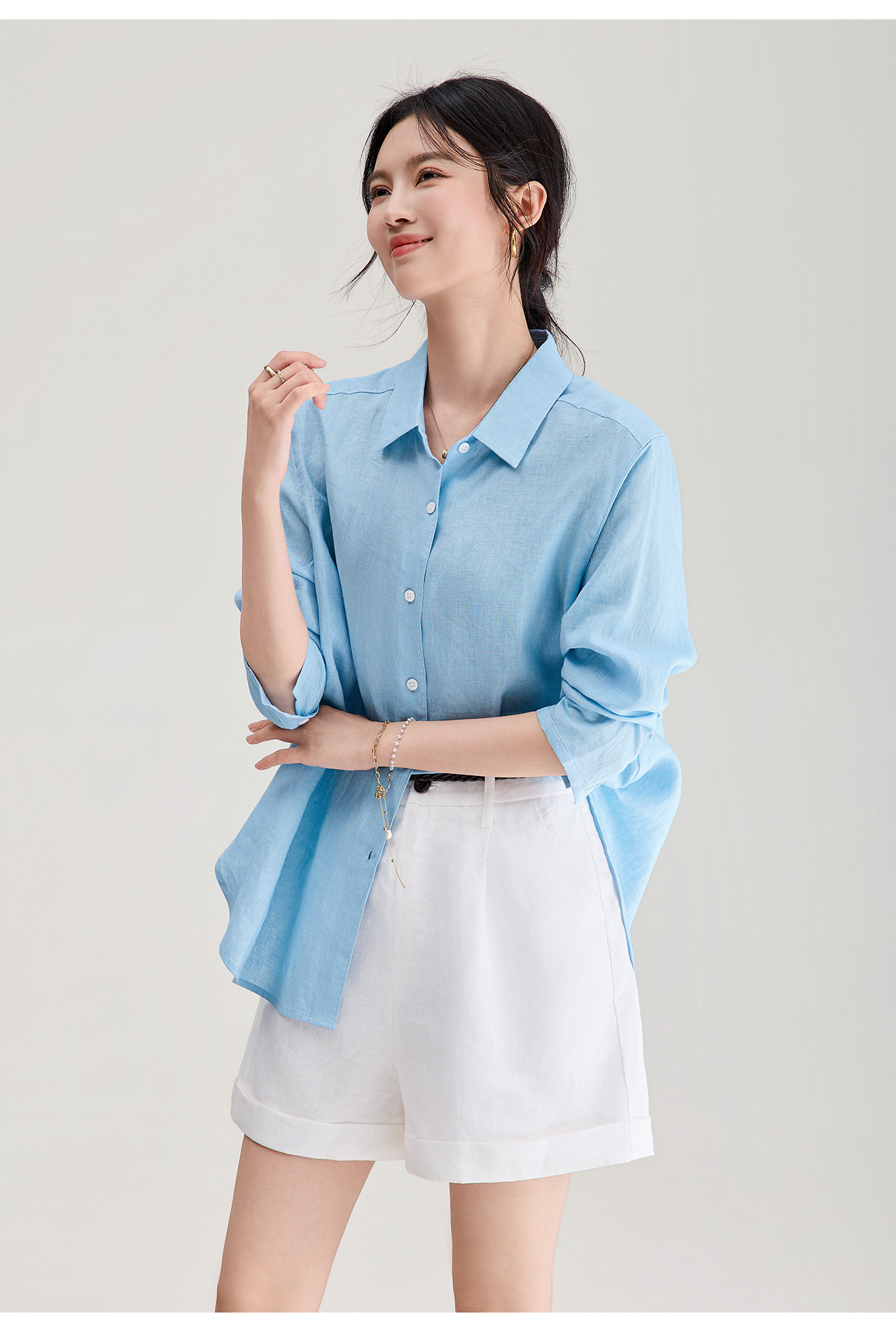 Áo sơ mi nữ linen chất lượng cao, phong cách cổ điển thư giãn, dáng rộng mùa hè — Đỏ Vermilion chi tiết 29