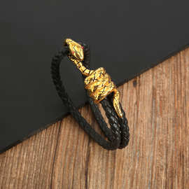 亚马逊欧美时尚仿牛皮双层生肖蛇手环手链DIY编制个性复古手绳批