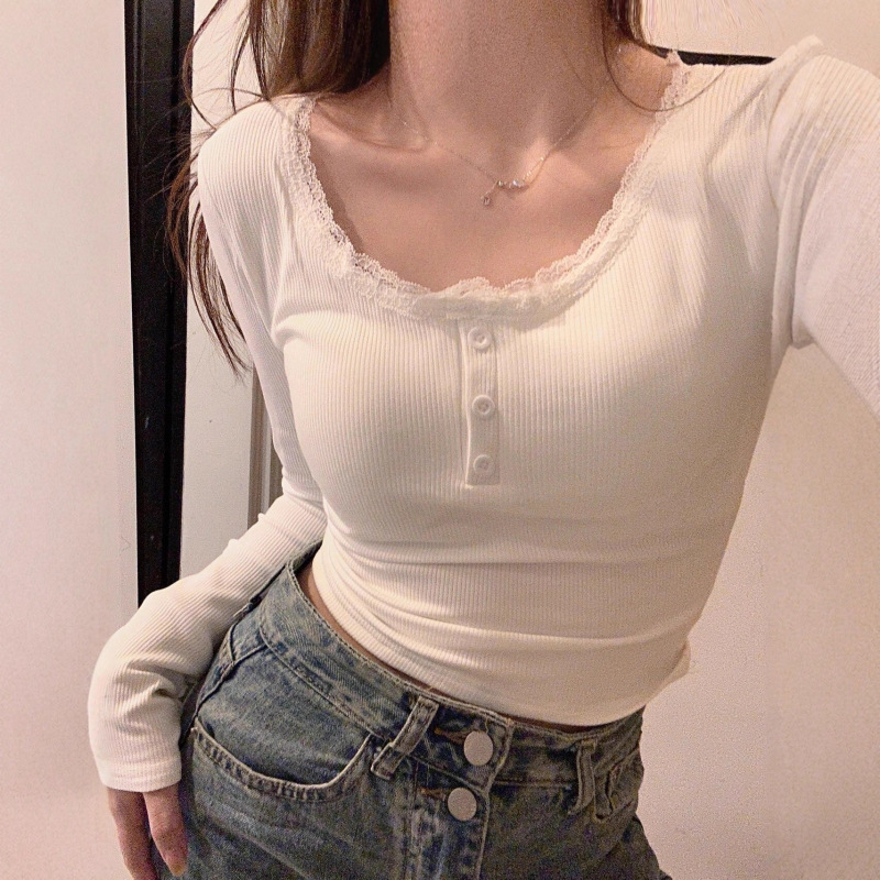 Lace-Trimmed Pure Desire Style U-Neck Long-Sleeve T-Shirt for Women, Autumn and Winter Slim-Fit Waist-Cinching Base Shirt, Spicy Tight-Fitting Inner Top