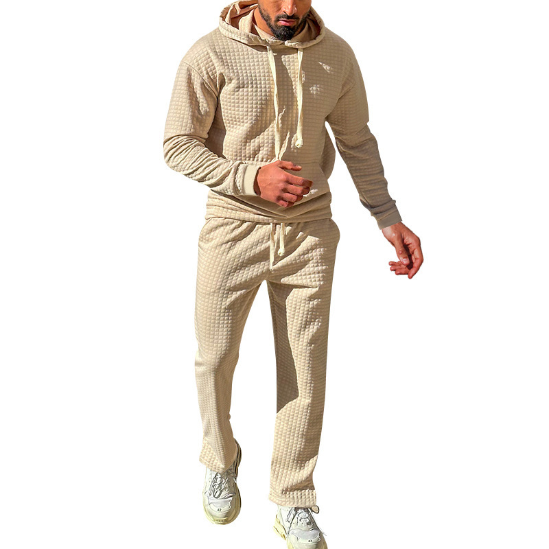 Independent autumn and winter men's jacquard small grid hooded sweatshirt, long pants, casual sports suit_voghion.com