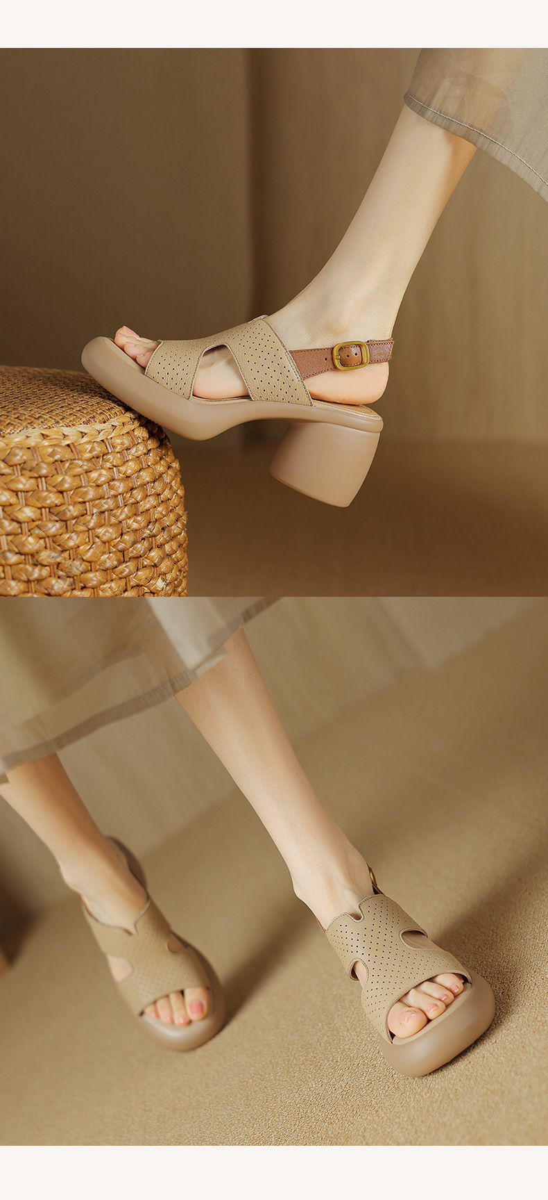 Sandal cao gót hở mũi nữ đế dày da cừu quai ngang đục lỗ — Màu trắng be chi tiết 9