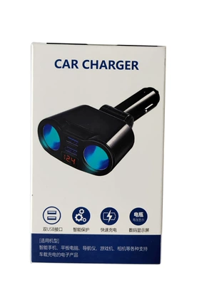 charger double barrel one drag – Mobil şarj cihazları - dual-usb-dual-barrel-car-charger-fixed-digital-display-packaging