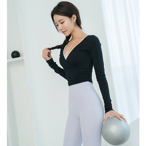  Cross-border New Yoga Wear Crossed Pleated Deep V Sexy Sports Fitness Top Breathable Quick-Drying Pilates Clothing