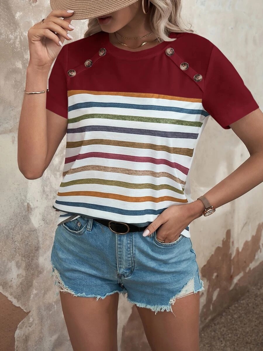 Blusa Casual de Verano para Mujer, Estilo Europeo y Americano, con Estampado de Rayas y Botones, Manga Corta, Nueva Colección 2026