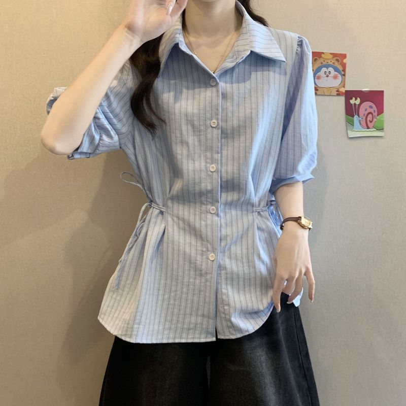 蓝色条纹女装法式短袖气质衬衫夏季大码2025收腰新款显瘦上衣白色|undefined