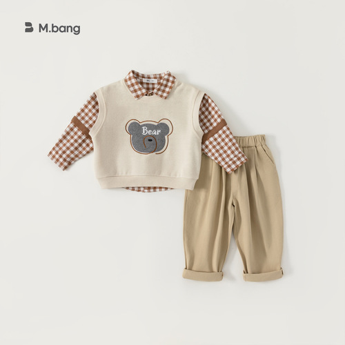babycity Huzhou children's clothing Korean style bear vest three-piece set boys spring clothing boys and girls set CT83035