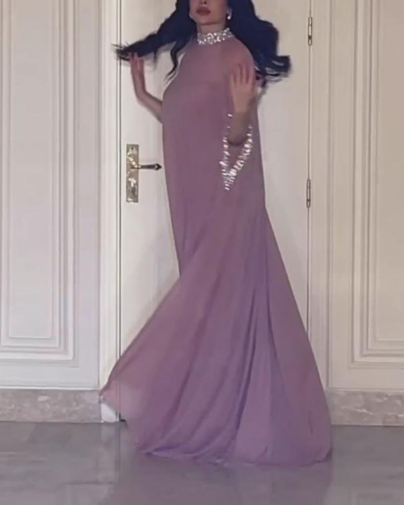 Elegant Chiffon Evening Dress With Cape And Beads Two Piece Set_voghion.com
