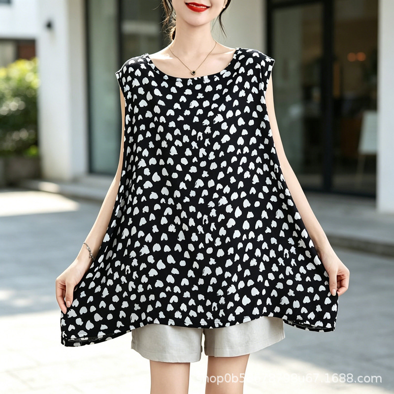 Summer 42.5-150kg Plus-Size Women's Loose Sleeveless A-Line Tank Top with Wide Hem to Cover the Belly, Suitable for Moms