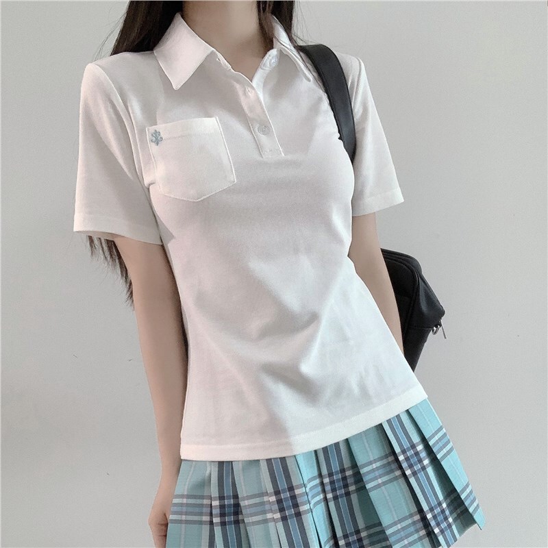 New Polo Short-sleeved Embroidered Polo Shirt Summer Japanese Slim Look Waist College All-match School Slim Top