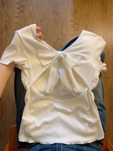 洋气时髦搭配~芭蕾绑带镂空上衣女夏季新款韩系蝴蝶结短袖打底衫