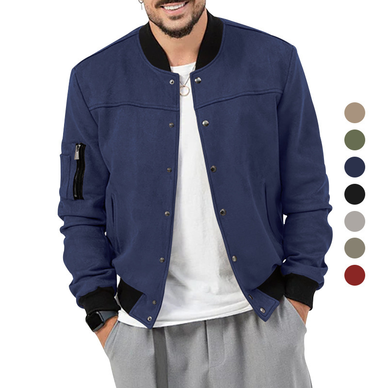 亚马逊跨境2025秋冬麂皮绒立领男装纽扣开衫夹克休闲潮美式夹克男