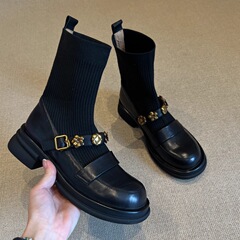 真皮版~厚底金属扣弹力短靴复古学院风针织瘦瘦靴女百搭乐福袜靴