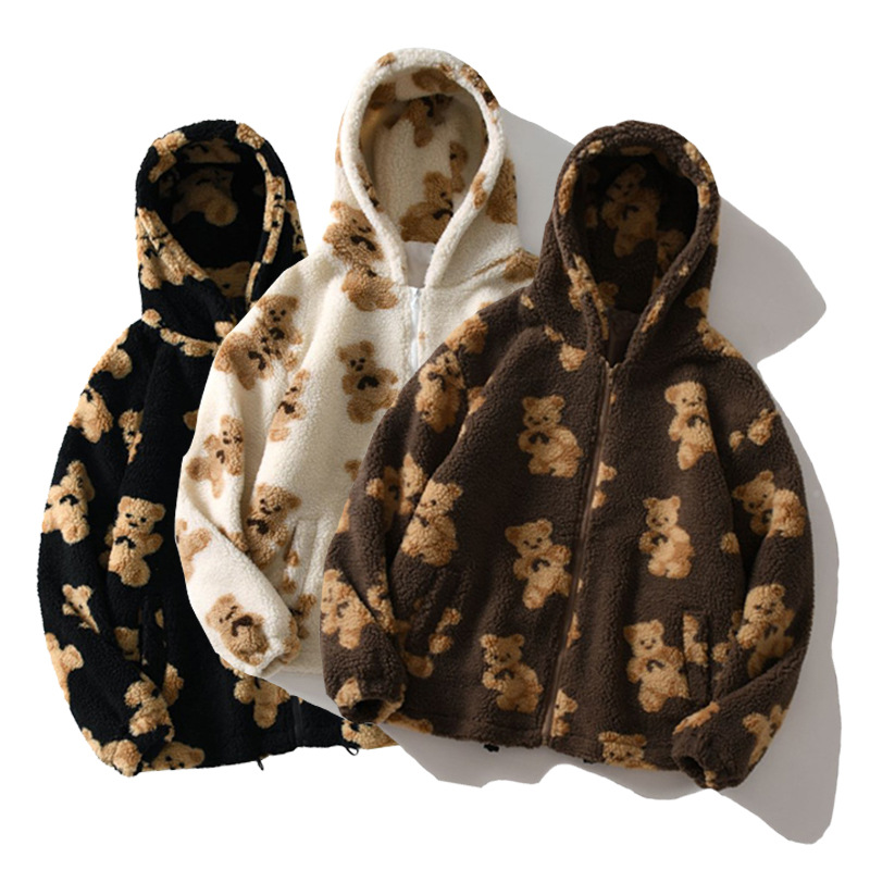 hooded thickened cartoon bear print zipper pocket plush coat NSYKD135618