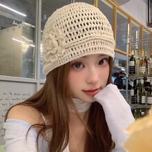 文艺复古细闪亮片花朵镂空针织帽子女春夏薄款气质手工钩花包头帽