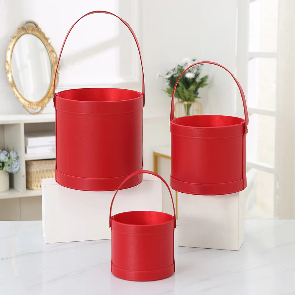 Caja de regalo complementaria, cubo para abrazos, cubo de cuero, caja de flores, caja de regalo redonda, cubo de arreglo floral coreano, caja de regalo de ramo de rosas del Día de San Valentín chino