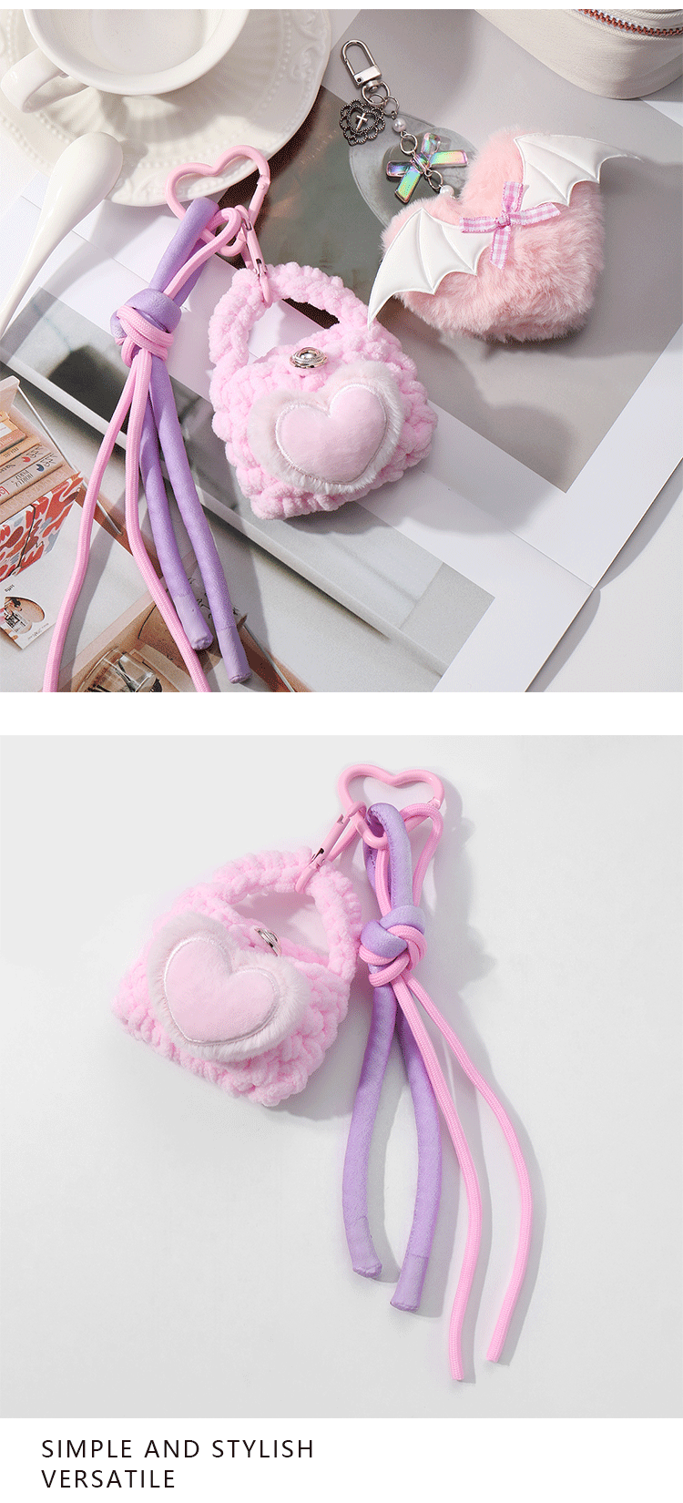 Cute Sweet Bag Heart Shape Wings Resin Plush Knitting Women's Keychain display picture 2