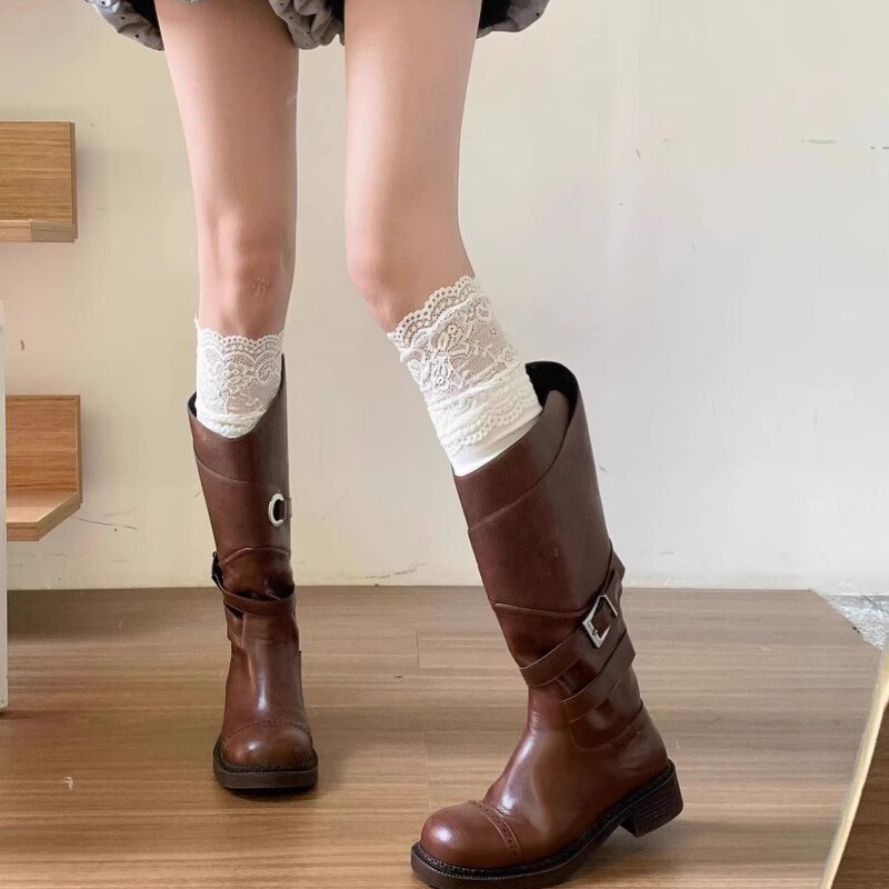 Women's white vertical striped lace socks lace over-the-knee socks niche fashionable long pile boots socks Zhuji wholesale