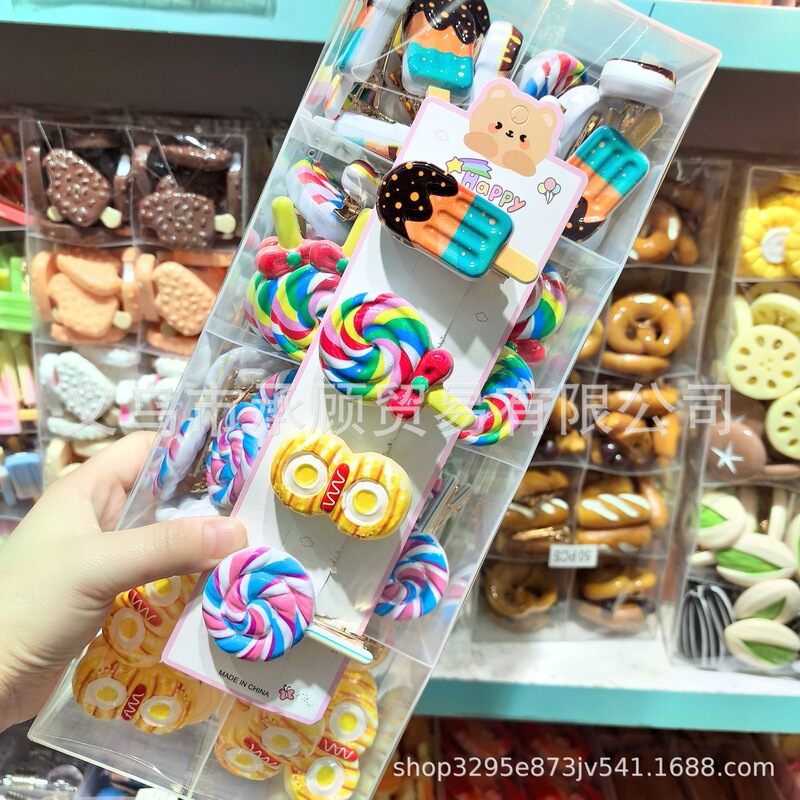楽しいシミュレーションチョコレートサンドイッチアイスキャンデーリボンレインボーロリポップ食品おもちゃ子供用ヘアピン小学生ヘアピン|undefined