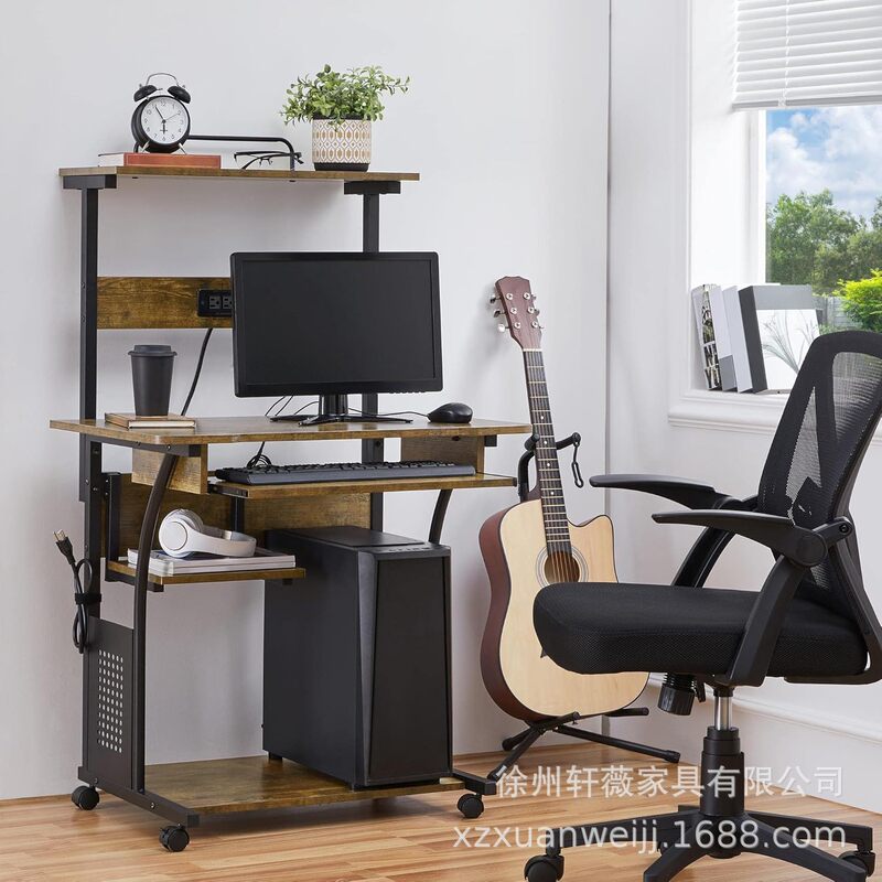 Layer Roller Computer Desk with Charging Station and Keyboard Tray, Mobile Home Office Desk Pc Laptop