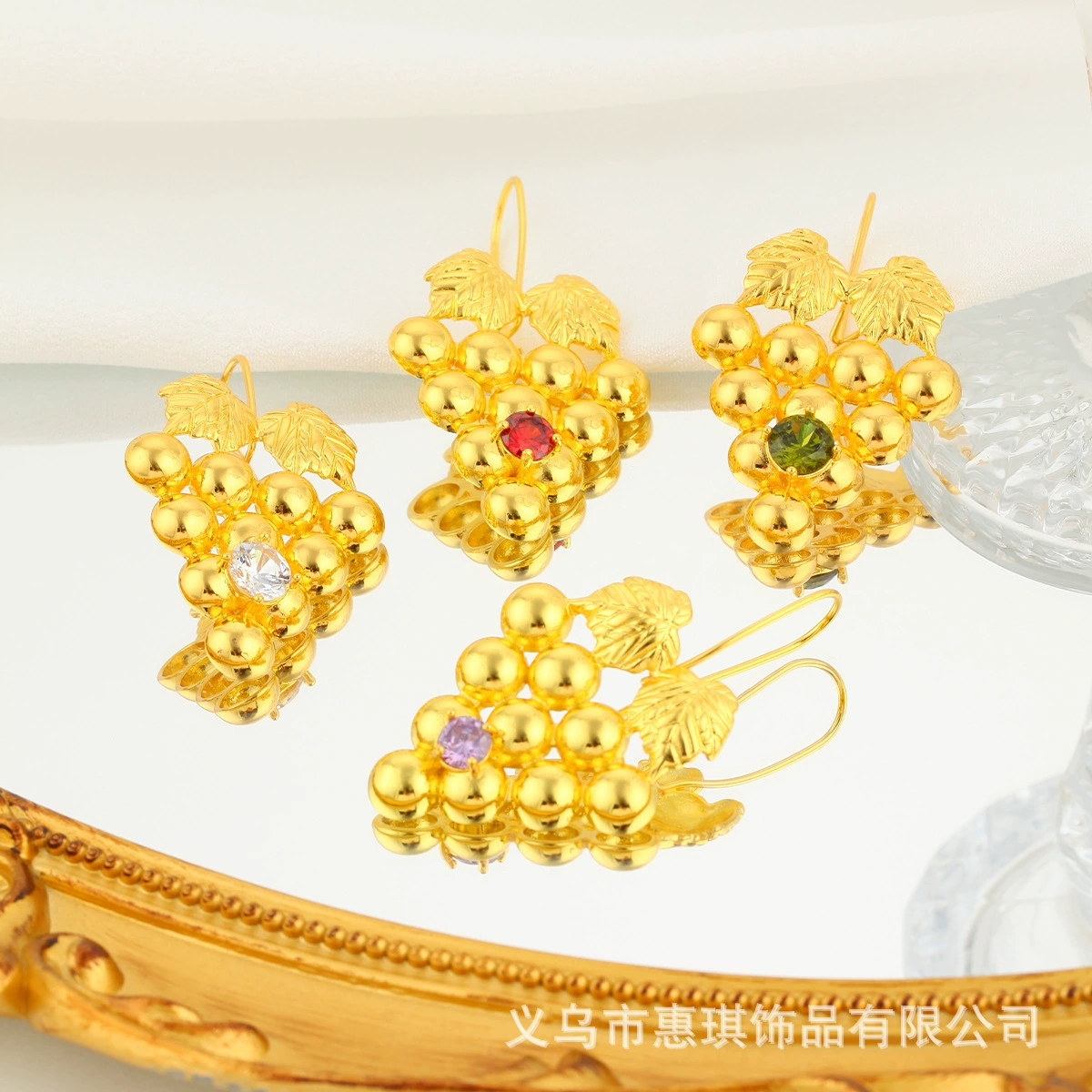 Новые медные позолоченные виноградные серьги Amazon, уникальные серьги с микро-покрытием из циркона, женские позолоченные серьги, производитель оптом