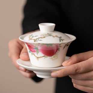 Dehua White Porcelain Sancai Gai Bowl Tea Cup Suede Jade Kung Fu Tea Set Single High-grade Shoutao Not Hot Tea Bowl