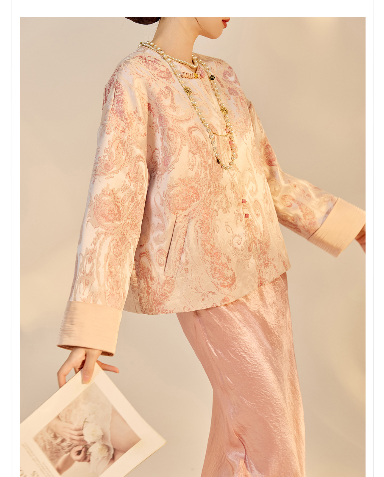 Áo khoác nữ kiểu Trung Hoa mới, chất liệu jacquard họa tiết nổi, phối khuy cài, form suông thu đông N9025 — Miju [phiên bản cotton], Hồng nhạt [phiên bản cotton], hồng nhạt, cơm cam chi tiết 29