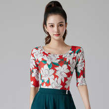 拉丁舞新款中袖印花跳舞圆领舞蹈练功服夏季广场舞上衣现代舞服装