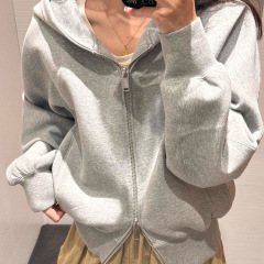 灰色连帽卫衣女加绒秋冬2025新款小个子运动休闲开衫拉链外套上衣