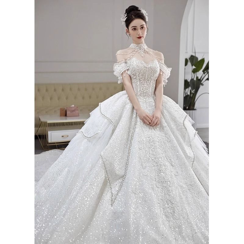 法式复古挂脖婚纱新娘2025新款小个子宫廷风出门主纱在逃公主女|undefined