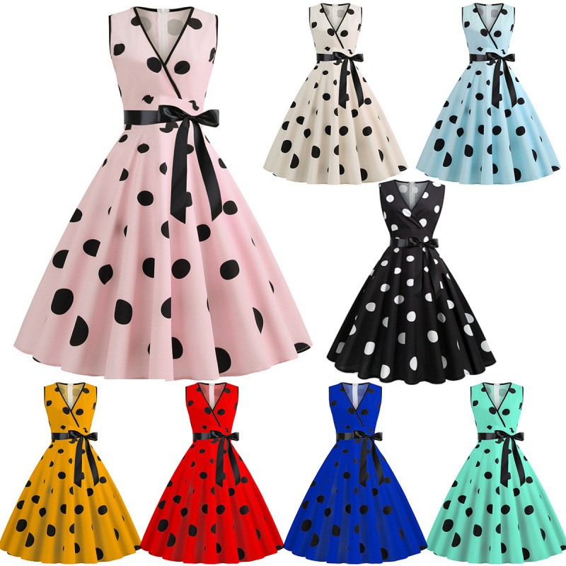 Z Women's Clothing Source New Summer European and American Style V-Neck Sleeveless Polka Dot Tie Waist Retro Flared Dress High Waist Slimming