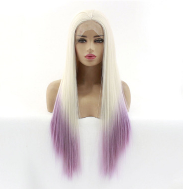 Peluca europea y americana, blanco lechoso, rosa, púrpura, cabello liso largo, encaje frontal, capucha de cabello de fibra química LW0162