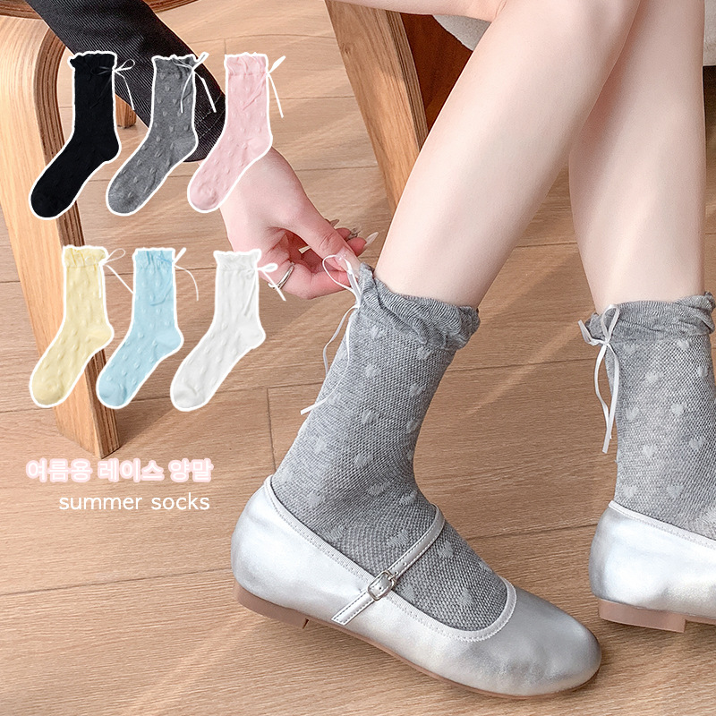 Calcetines de lazo de cinta Calcetines de algodón de pila fina de primavera y verano para mujer