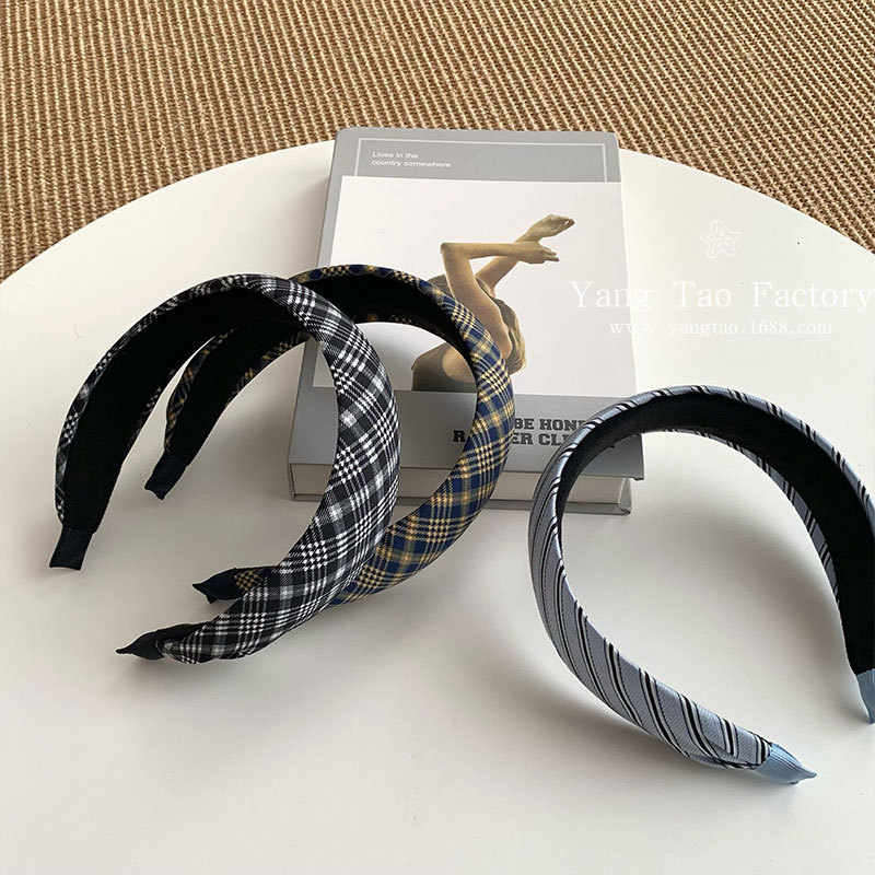 Diadema de tela a cuadros azul coreana, mujer fresca y versátil, diadema superior de cráneo alto blanco, horquilla de presión de temperamento fuera