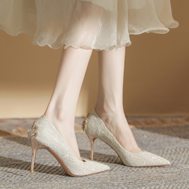 Hong Kong Style Champagne Color Queen Crown High Heels Women's Stiletto Wedding Shoes Bridal Shoes Hexiu Wedding Dress Two-Wear Flats
