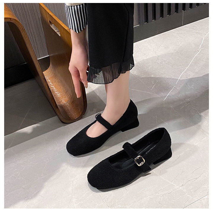 Giày Mary Jane nữ mũi vuông gót thấp, giày búp bê da nhung phong cách Hàn, size lớn — Màu xám, Màu đen, Màu đỏ chi tiết 24