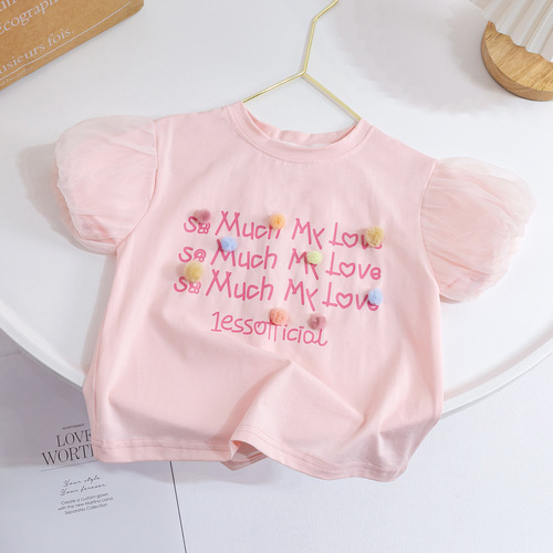 Girls T-shirt summer short-sleeved tops mesh puff sleeves children's Korean version of Western letter half-sleeve baby summer clothing trendy
