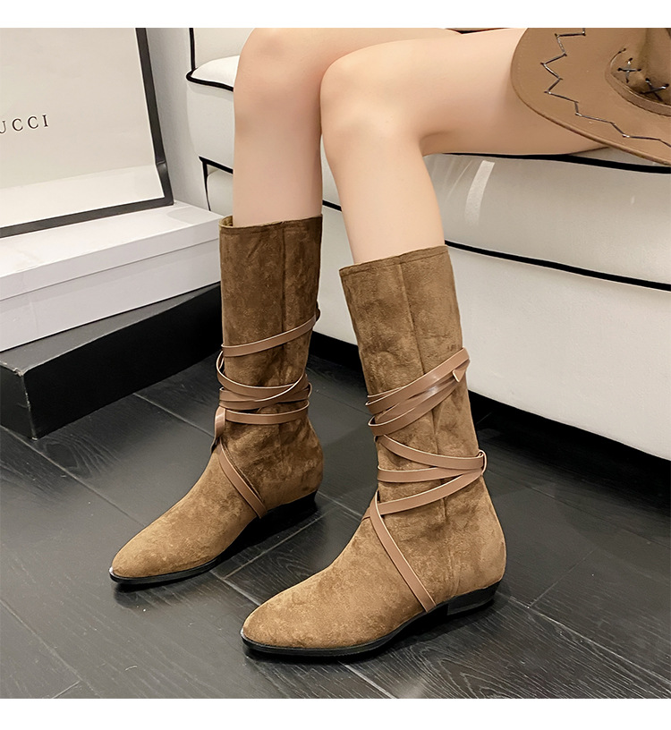 Botas holgadas personalizadas para mujer 2024, punta puntiaguda, con cordones, estilo vintage a media pantorrilla, tacón grueso, por debajo de la rodilla, botas altas versátiles.