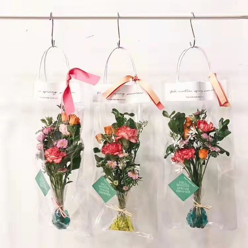 ins透明花束手提袋鲜花包装袋单支多支玫瑰情人节材料花艺礼品袋