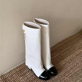 富家千金~!绝美白色小香风靴子女粗跟显瘦高跟裤管靴宽松长筒靴