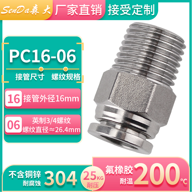 Conectores de tubería de aire de acero inoxidable, inserción rápida neumática con rosca a través de hilo interno, manguera de alta presión, conexión rápida PC/PCF