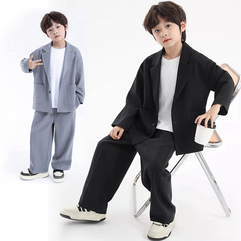 Boys' Casual Small Suit Set Children's Suit Stylish Streetwear Small Dress Runway Performance Outfit Loose Wide-Leg Pants