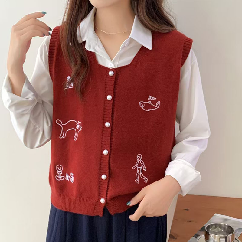 25 Autumn and Winter New Animal Embroider Round Neck Knitted Cardigan Vest Imitation Wool Sleeveless Waistoutwear Jacket Sweater for Women
