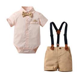 跨境绅士哈衣欧美男童短袖夏装 婴儿包屁衣爬服童装 背带裤两件套