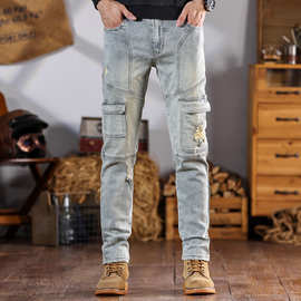 跨境破洞多口袋拼接机车牛仔裤男潮牌浅色复古色春秋修身小脚裤子